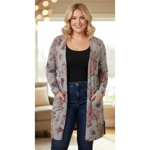 Signature Studio Floral Open Front Duster Cardigan Gray Size 2X